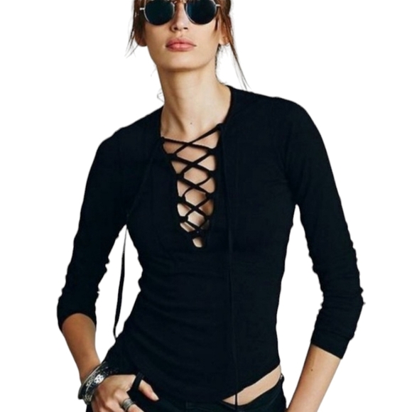 Intimately Free People Lace Up Long Sleeve Black Cotton Tee - Picture 4 of 5